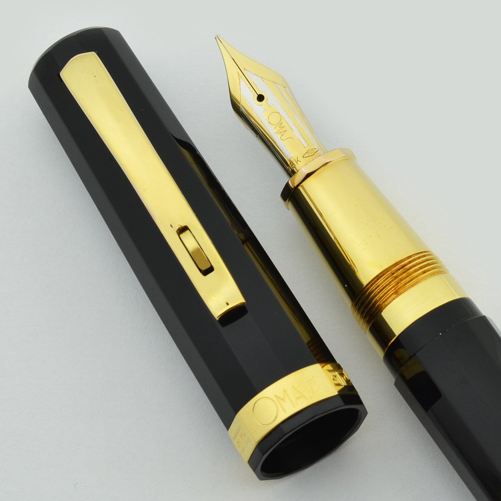 Omas Paragon Fountain Pen - Black w Gold Trim, 18k Medium, Piston